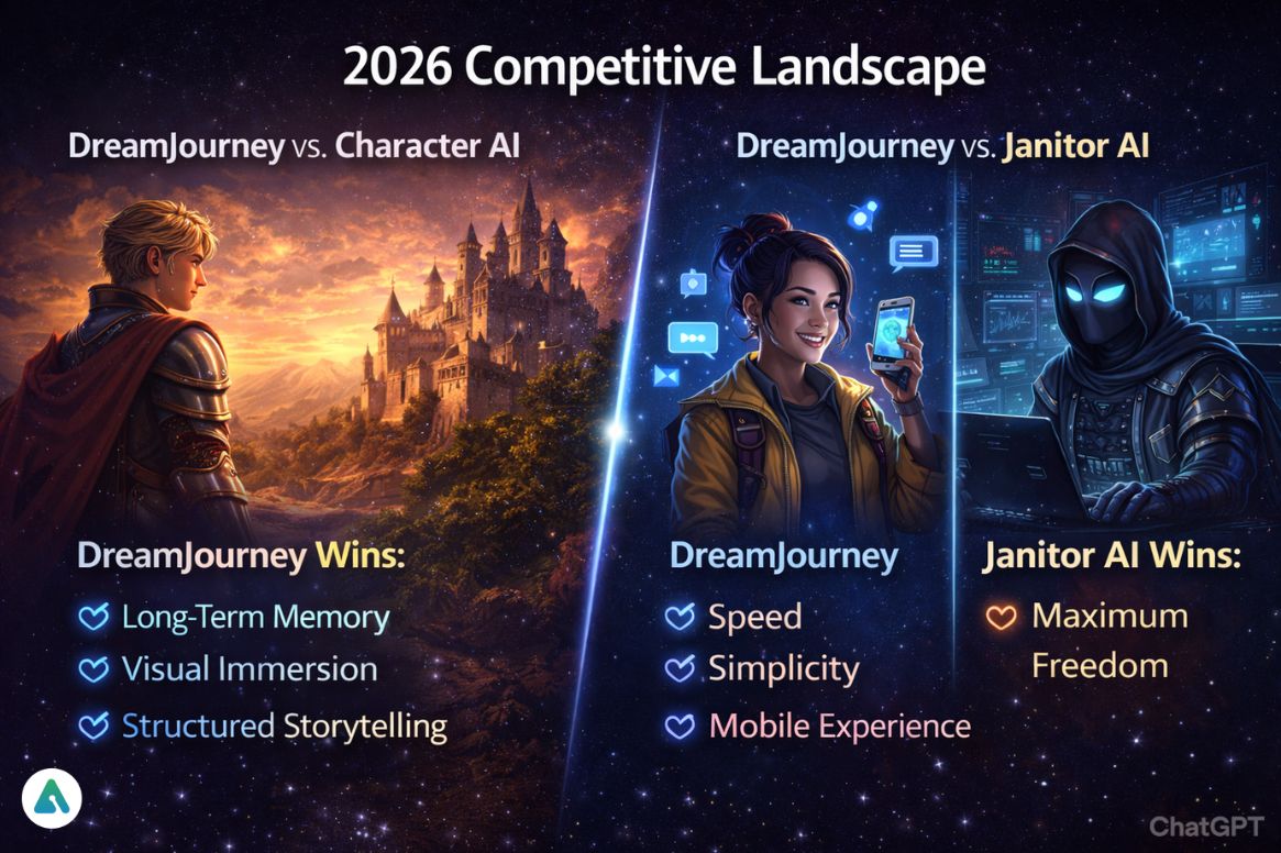 DreamJourney vs Character AI vs janitor ai