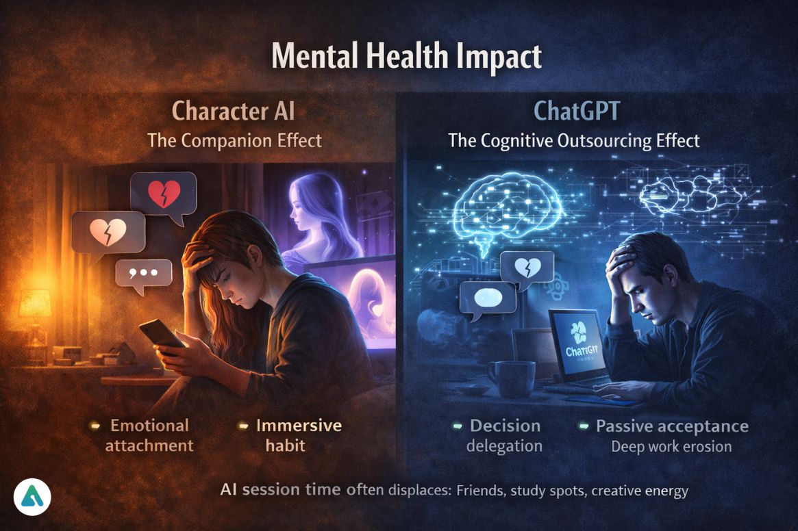 Emotional bonding with AI versus productivity reliance psychological impact graphic