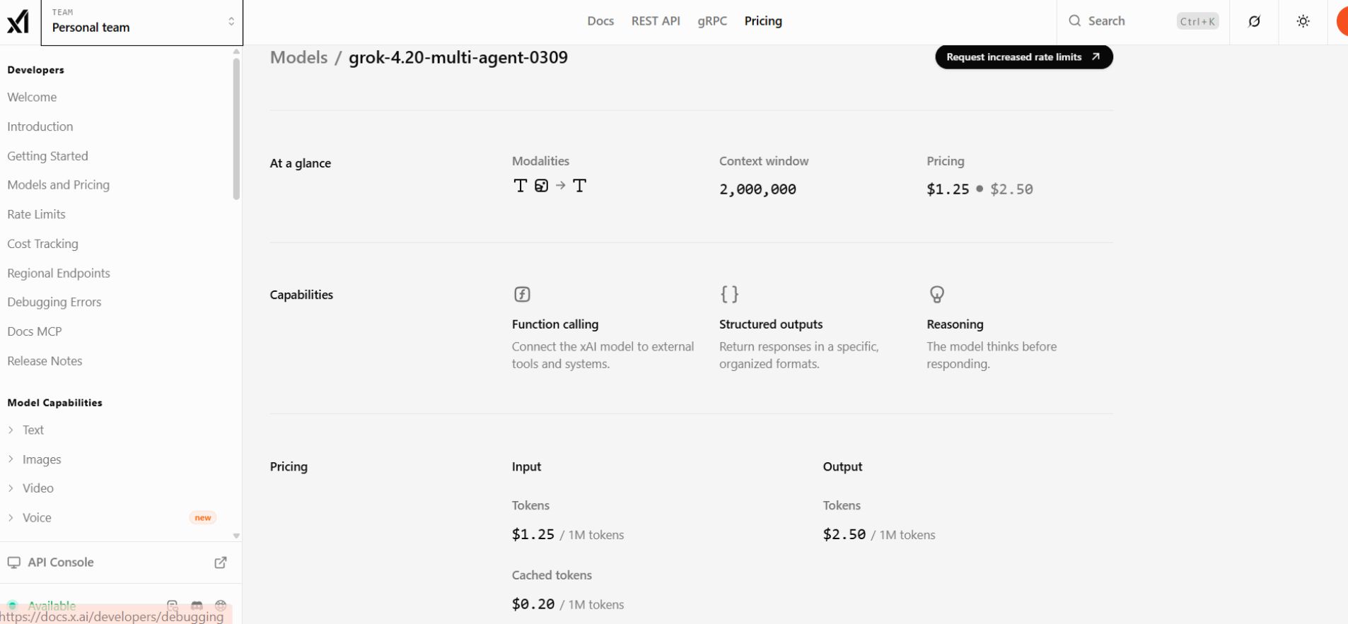 Grok 4.20 API pricing