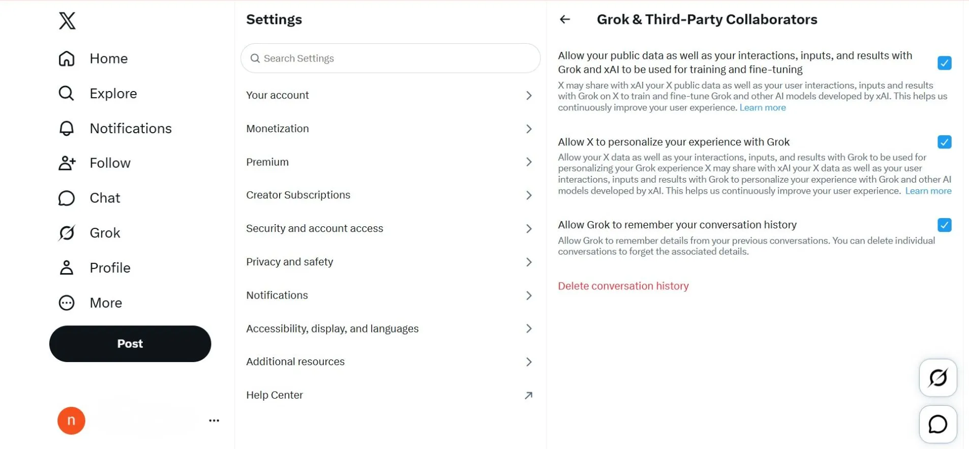 Delete Grok History Inside X