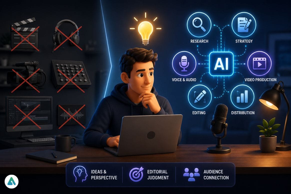 Modern workspace with AI content flow
