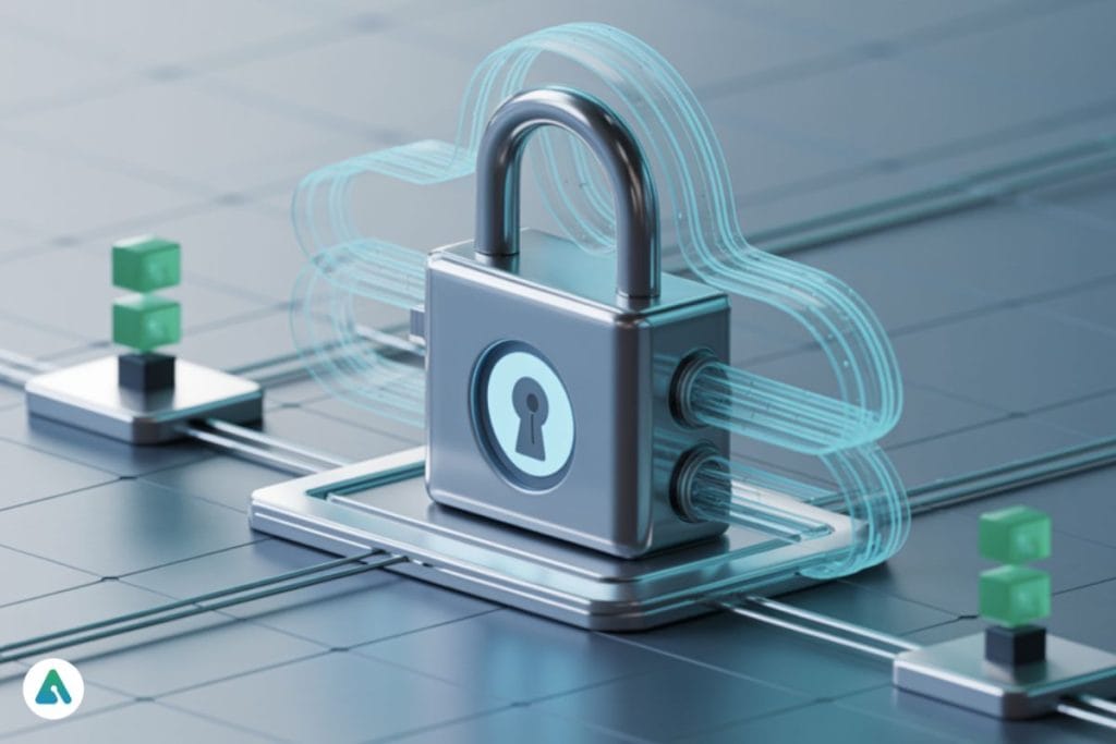 The image depicts a futuristic, cloud-hosted secure virtual environment symbolizing the Cuick Trac Managed Enclave (CTME).