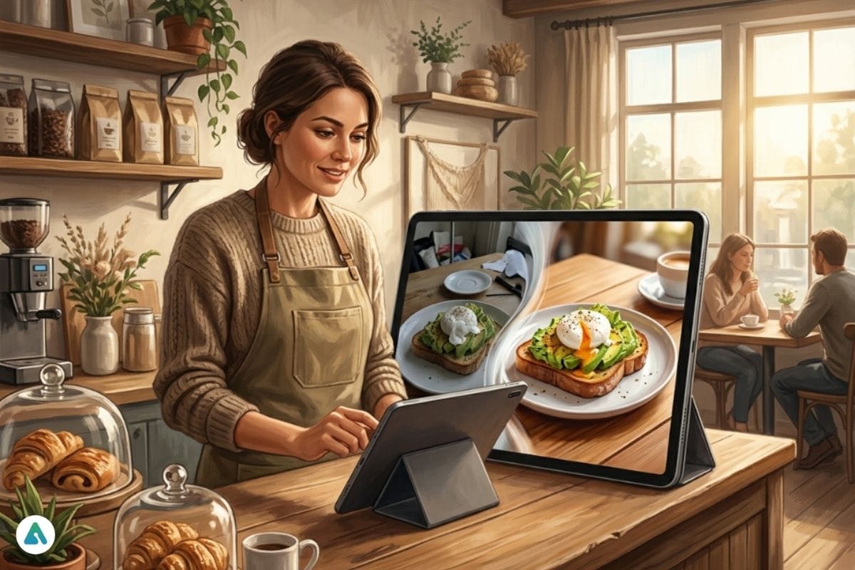 AI-enhanced café food photo transformed from a smartphone image