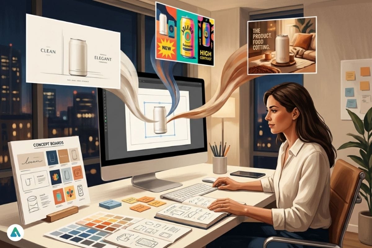 Marketer reviewing multiple AI-generated campaign concepts on a digital workspace