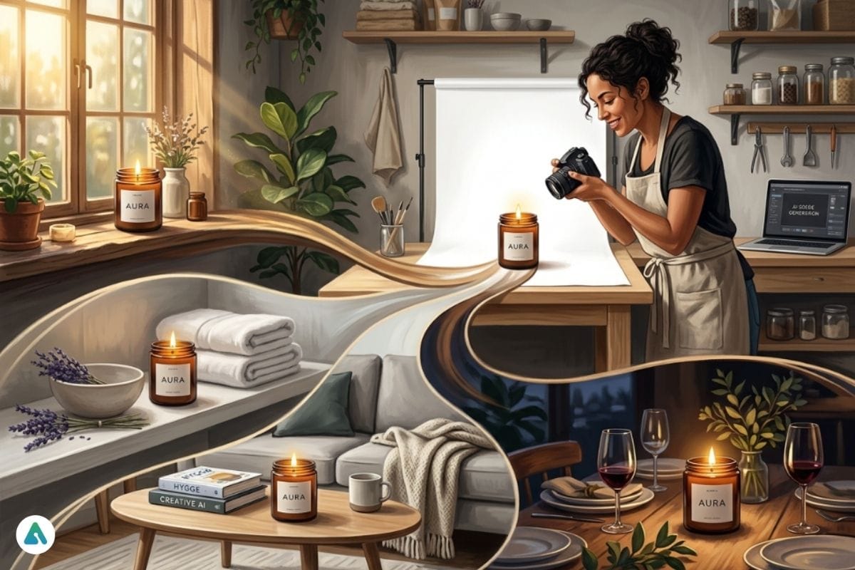 Handmade candle displayed in multiple lifestyle settings using AI image editing