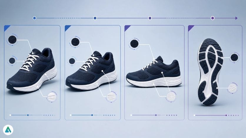 A product-identity test should expose changes in geometry, materials, color, and small construction details across camera angles.