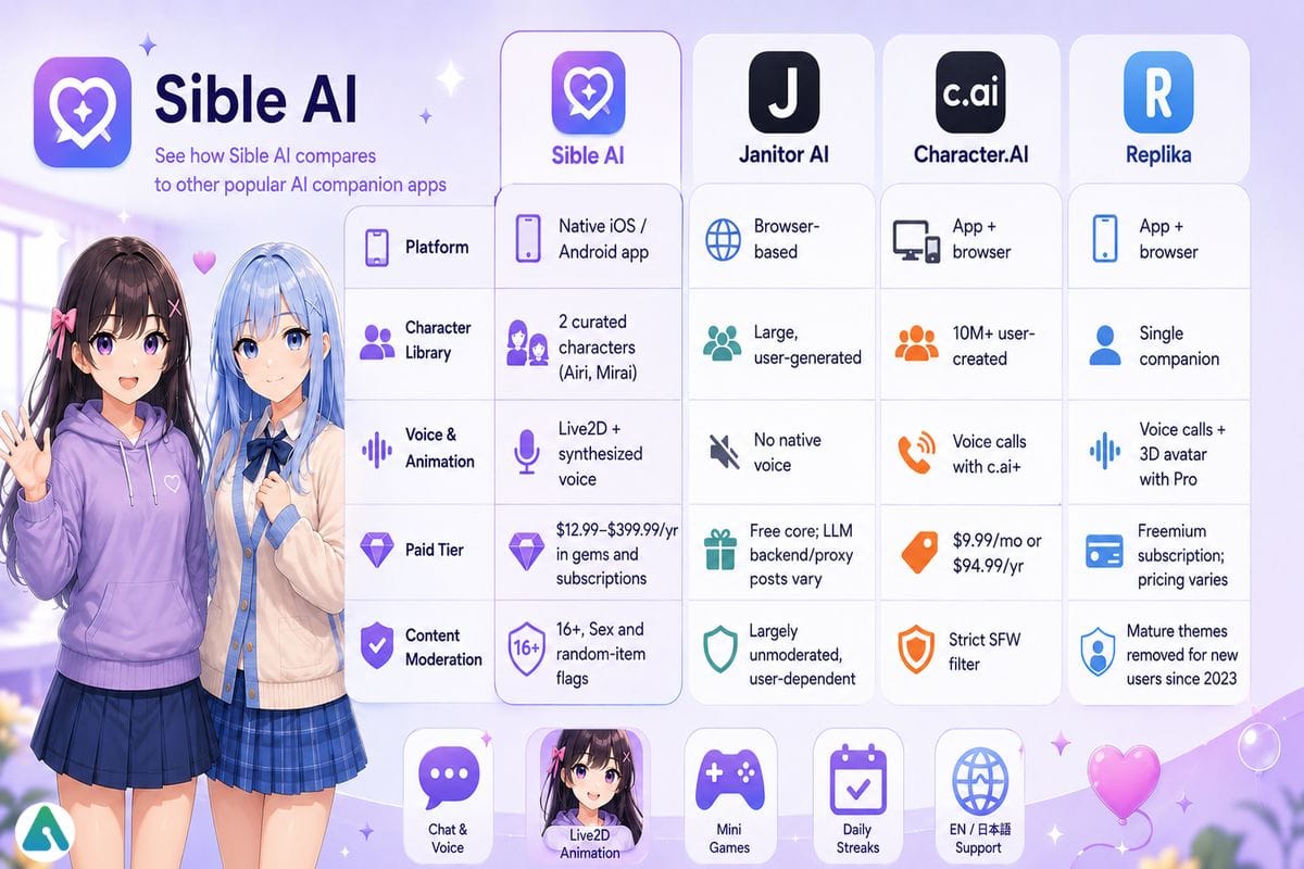 Sible AI vs. Janitor AI vs. Character.AI vs. Replika