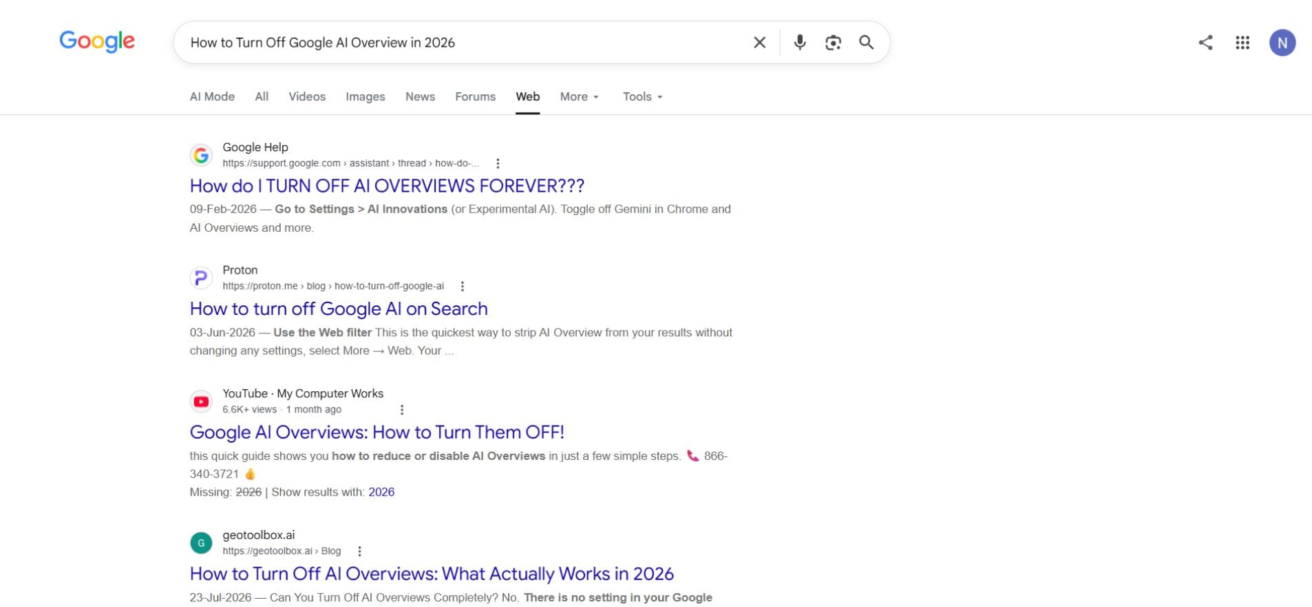 how to temporary turn off google ai overview