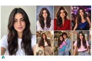 AI-generated source portrait (left) and six retro variations made with Photolaria using GPT Image 2.5. Top row: studio (1), glamour (5), disco (8). Bottom row: classic car (3), couple (9), street fashion (4).