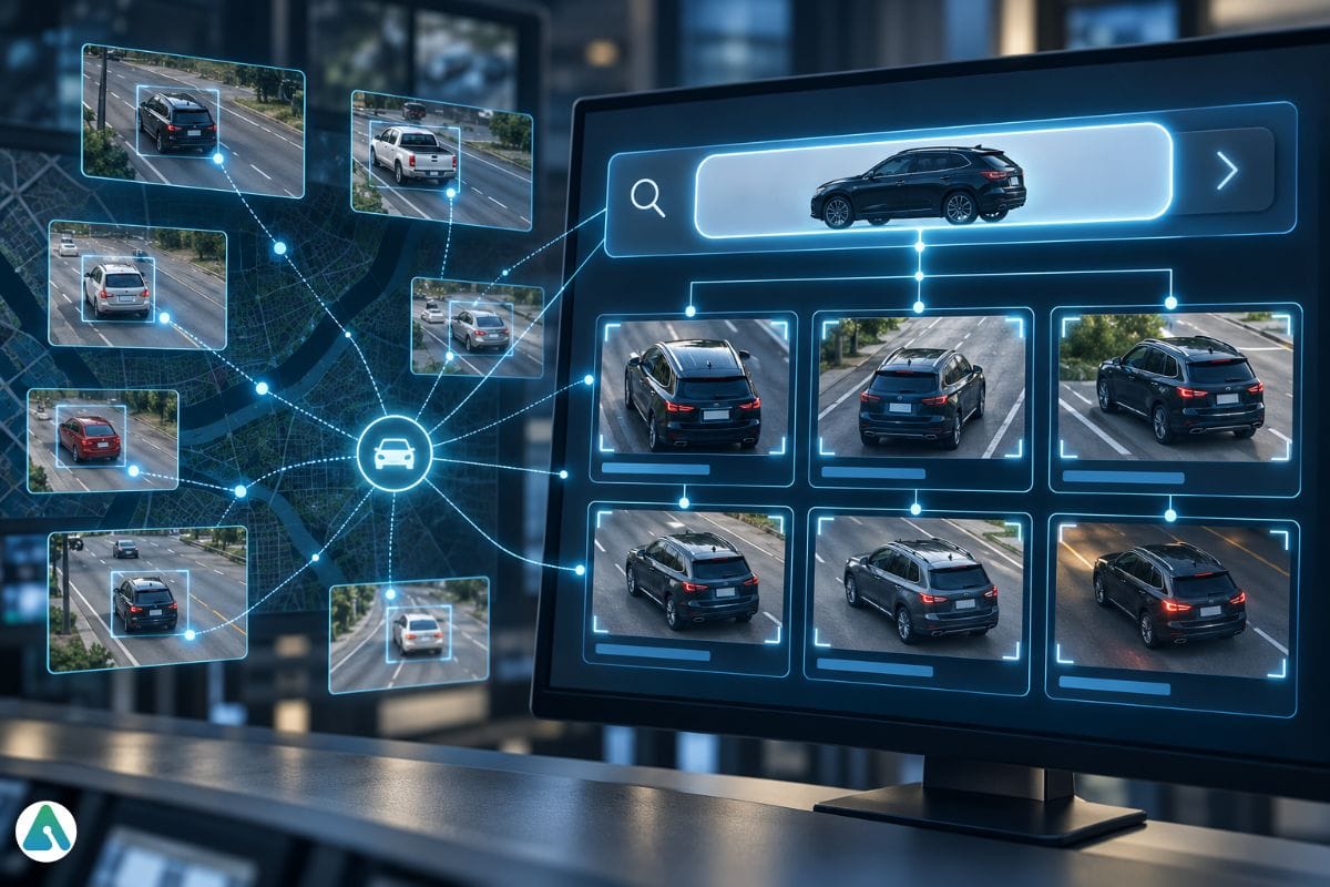 AI surveillance search interface matching a vehicle across multiple traffic camera images and locations