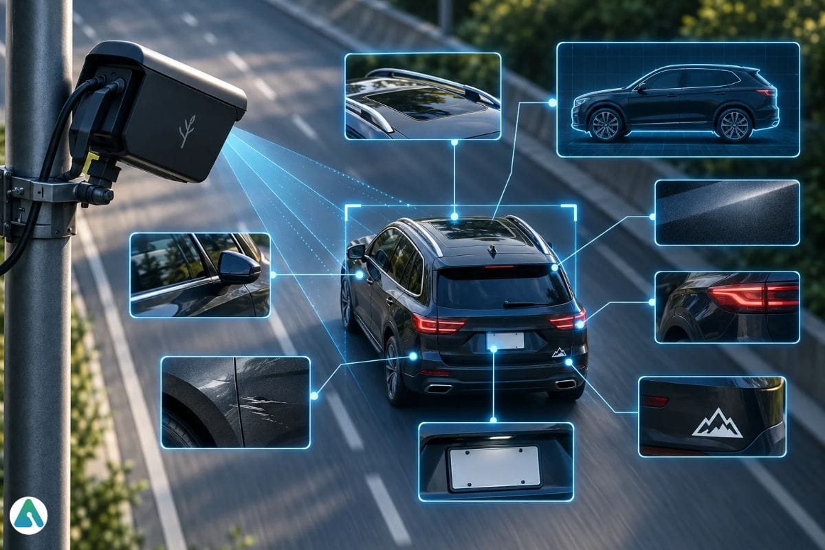 AI traffic camera analyzing a vehicle’s plate, color, body shape, damage, roof details, and identifying features