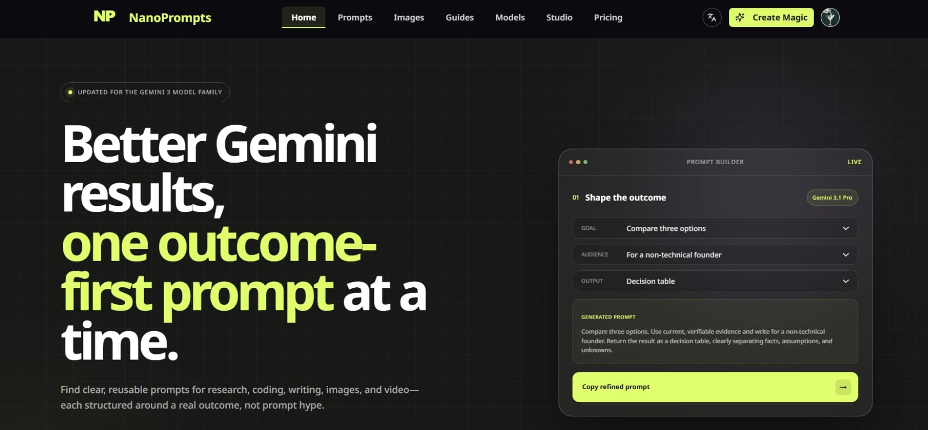 outcome-first Gemini prompt library