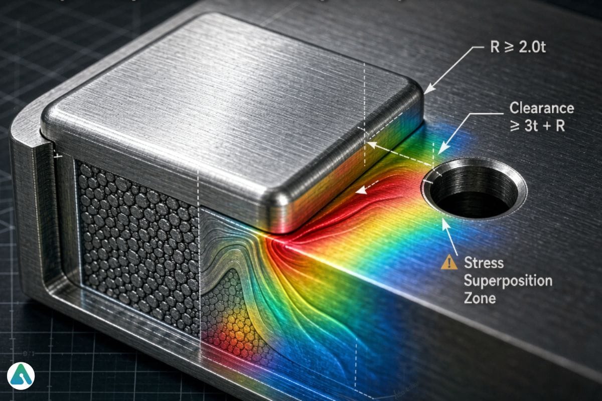 Macro view of AL 5052-H32 sheet metal embossed feature near a laser-cut hole, showing stress superposition zone with engineering annotations for minimum radius (R ≥ 2.0 t) and clearance (≥ 3 t + R) per DFM guidelines.