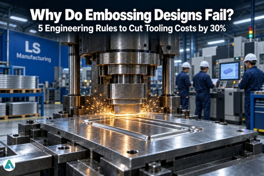 Precision sheet metal embossing process at LS Manufacturing workshop showing servo press forming SUS304 stainless steel with ±0.05 mm depth tolerance, illustrating 5 engineering rules to reduce tooling cost by 30%.