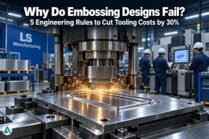 Precision sheet metal embossing process at LS Manufacturing workshop showing servo press forming SUS304 stainless steel with ±0.05 mm depth tolerance, illustrating 5 engineering rules to reduce tooling cost by 30%.