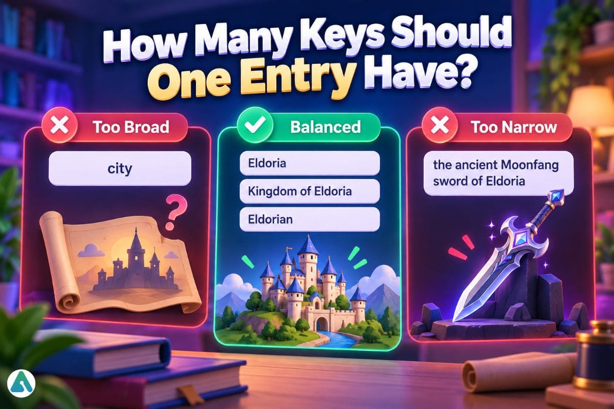 anitor AI lorebook key examples showing a broad key, balanced specific keys, and an overly narrow key for a lorebook entry