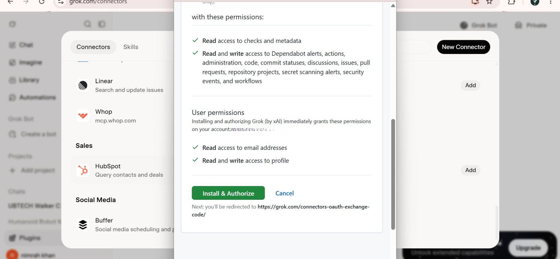 grok ask permissions to read and write github