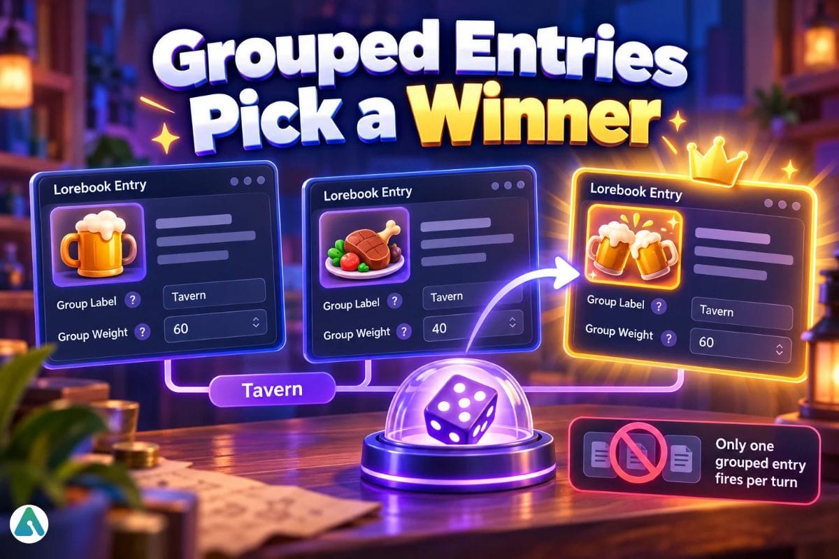 Janitor AI grouped lorebook entries competing by Group Label and Group Weight so only one entry fires per turn.