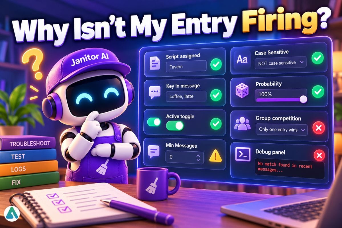 Janitor AI lorebook troubleshooting checklist for keys, active status, Min Messages, case sensitivity, probability, and group competition.